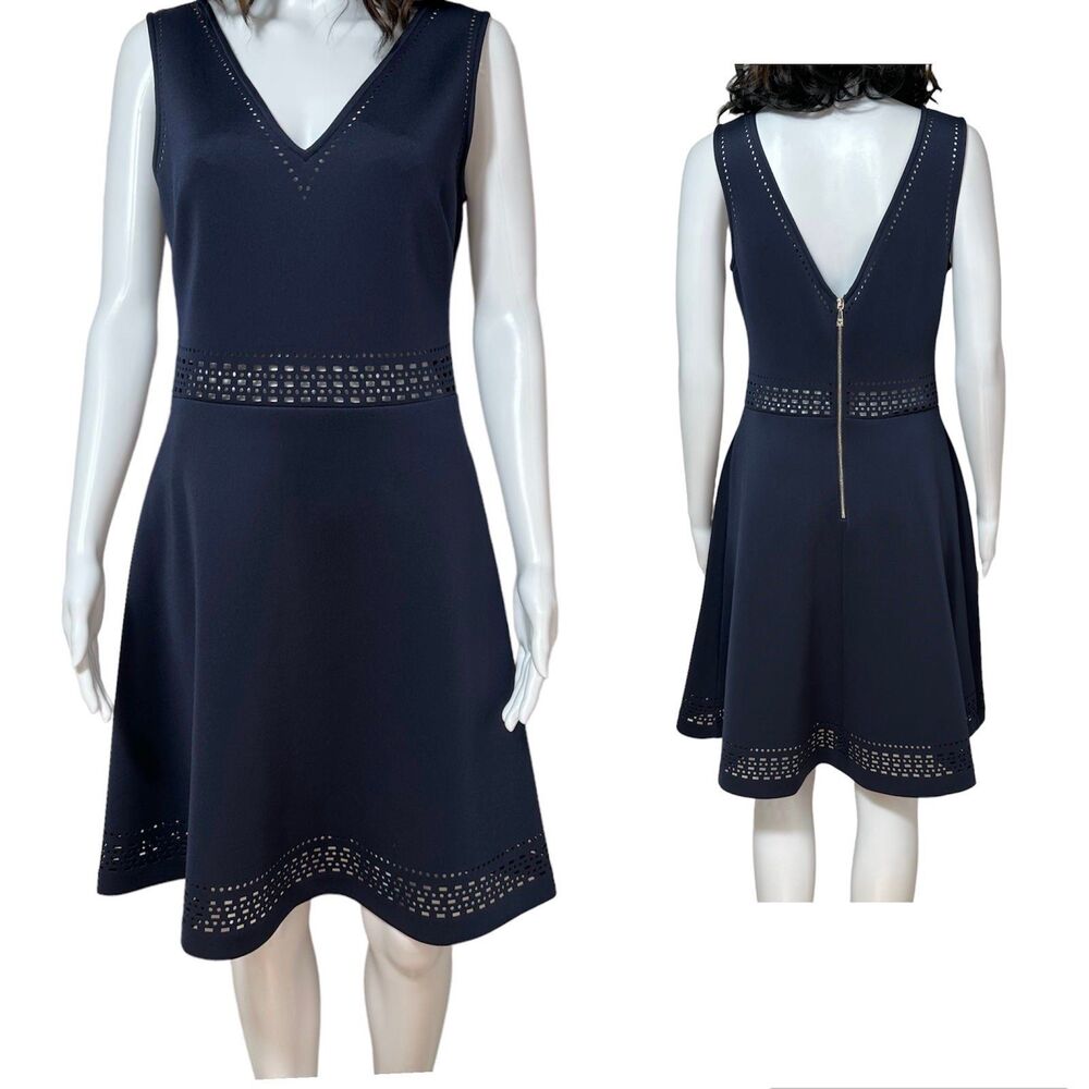 Guess Women’s Navy Blue V-Neckline Cutout-Trim Sleeveless Fit & Flare Dress Sz 8